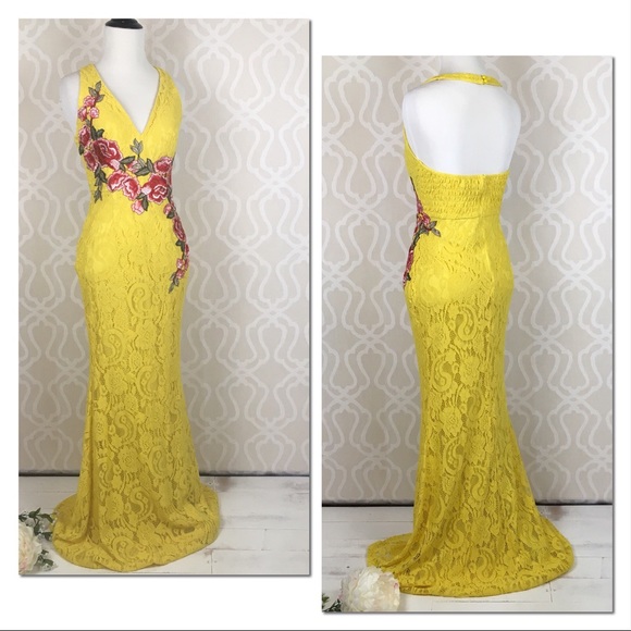 Red Roses on Daffodil Yellow Lace Formal Gown - Picture 5 of 8